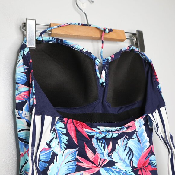 Tommy Bahama Palms Of Paradise Bandeau One-Piece Swimsuit Ruched Tie Back Blue - Picture 8 of 14